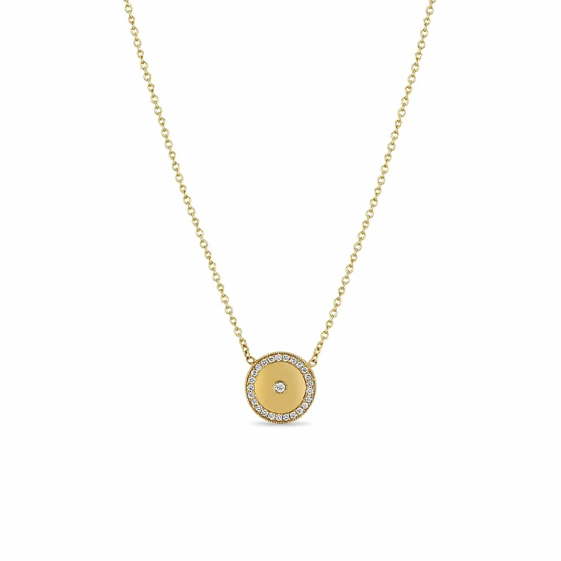 14k Small Diamond Disc with Diamond Border Necklace