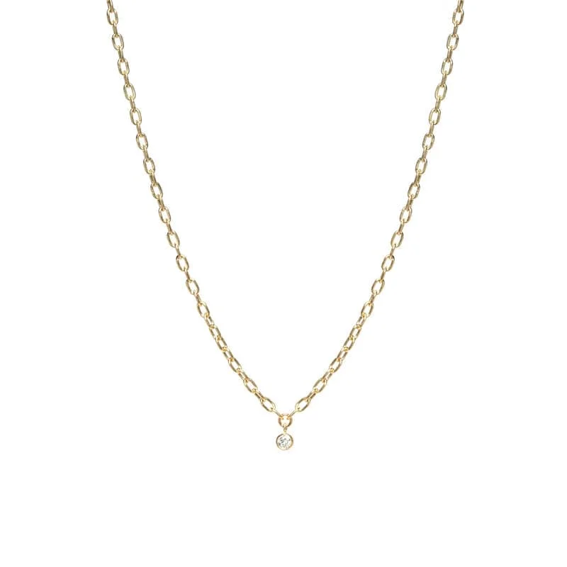 14k Small Square Oval Link Dangling Diamond Bezel Necklace